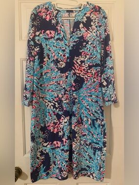 Lily Pulitzer Vibrant Navy & Pink & Turquoise Floral Dress L NWT